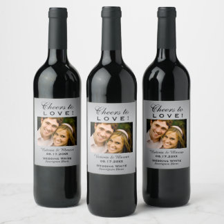 Silver Cheers to Love Weduwfoto Bottle Favor Wijn Etiket