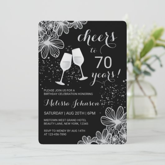 Silver Cheers Wijn Bloemen Zwart Milestone Verjaar Kaart (Staand voorkant)