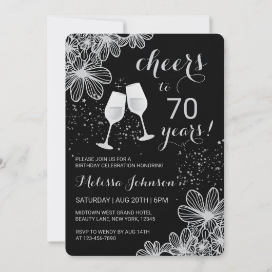 Silver Cheers Wijn Bloemen Zwart Milestone Verjaar Kaart (Voorkant)