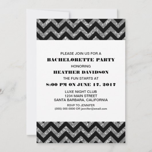 Silver Chevron Glitter Bachelorette Party Invite Kaart (Voorkant)