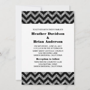 Silver Chevron Glitter Wedding Invite Kaart