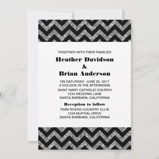Silver Chevron Glitter Wedding Invite Kaart (Voorkant)
