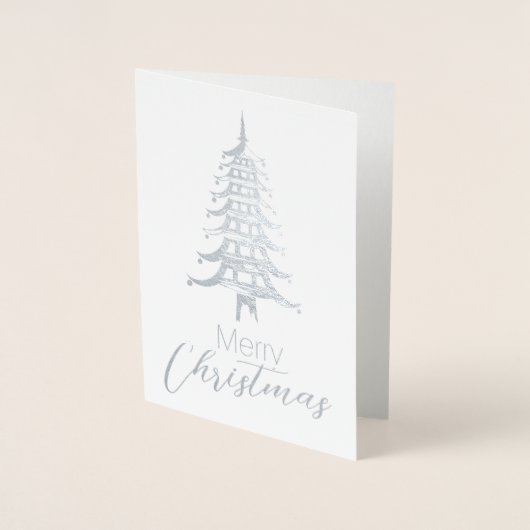 Silver Chinoiserie Pagoda Kerstboom Folie Folie Kaarten (Voorkant)