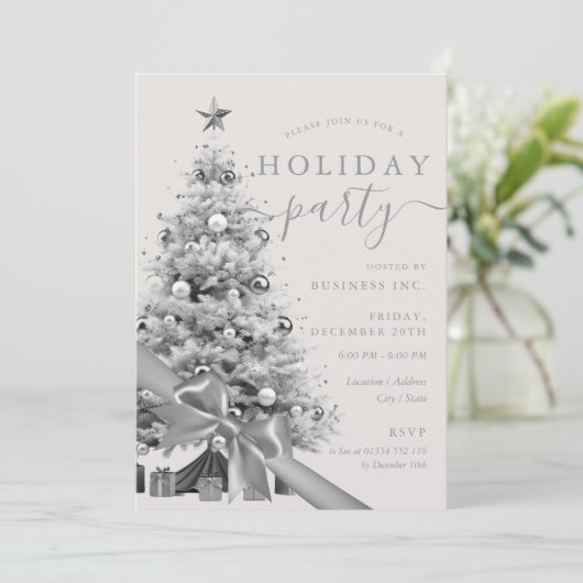 Silver Christmas Tree Bow Corporate Holiday Party  Kaart (Staand voorkant)