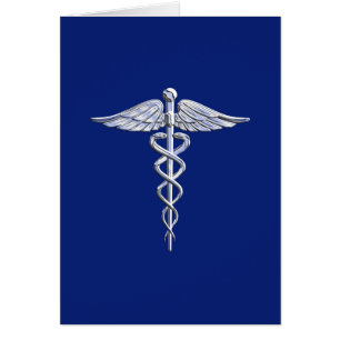 Silver Chrome Caduceus Medical Symbool op Navy Blu