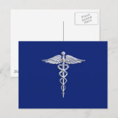 Silver Chrome Caduceus Medical Symbool op Navy Blu Briefkaart (Voorkant / Achterkant)