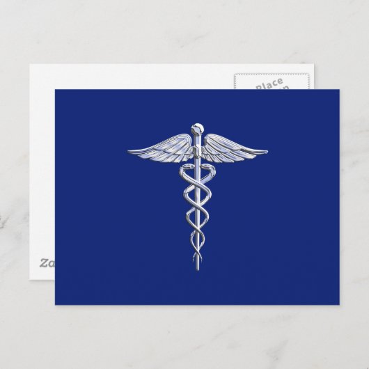 Silver Chrome Caduceus Medical Symbool op Navy Blu Briefkaart (Voorkant / Achterkant)