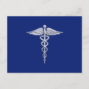 Silver Chrome Caduceus Medical Symbool op Navy Blu Briefkaart