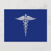 Silver Chrome Caduceus Medical Symbool op Navy Blu Briefkaart (Voorkant)