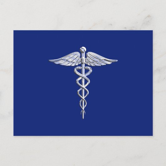 Silver Chrome Caduceus Medical Symbool op Navy Blu Briefkaart (Voorkant)