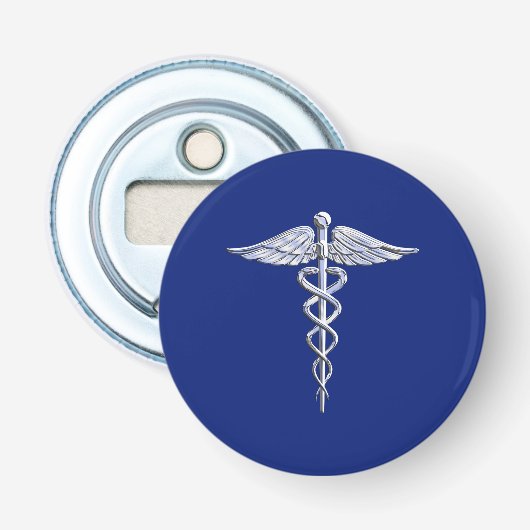 Silver Chrome Caduceus Medical Symbool op Navy Blu Button Flesopener (Voorkant)