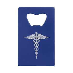 Silver Chrome Caduceus Medical Symbool op Navy Blu Creditkaart Flessenopener