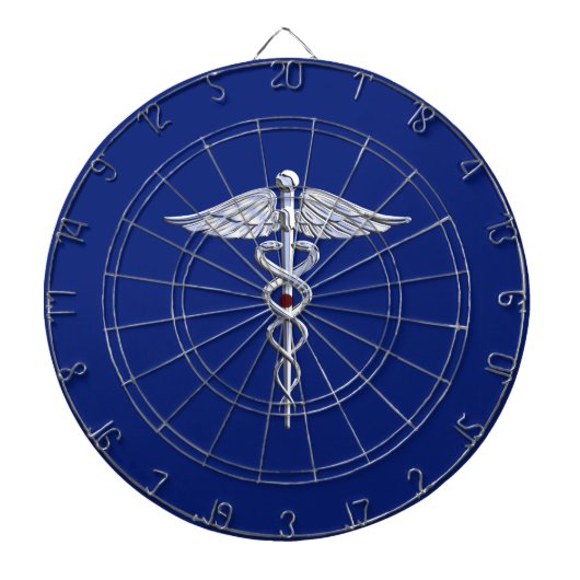 Silver Chrome Caduceus Medical Symbool op Navy Blu Dartbord (Voorkant)