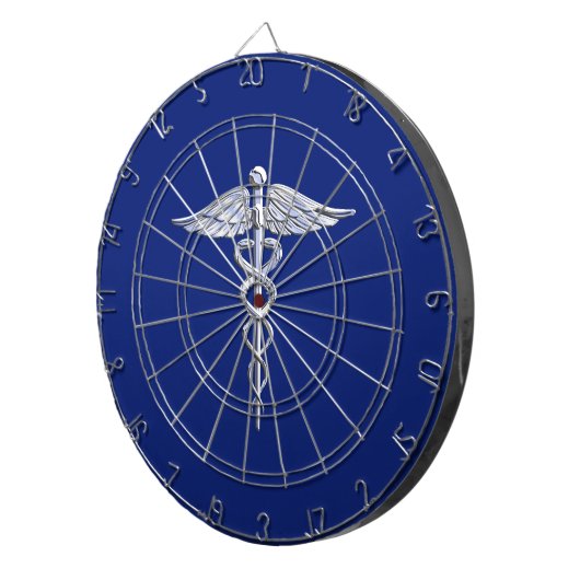 Silver Chrome Caduceus Medical Symbool op Navy Blu Dartbord (Voorkant Rechts)