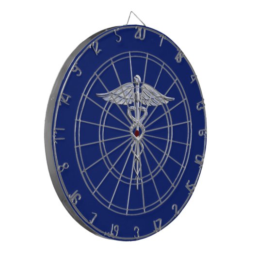 Silver Chrome Caduceus Medical Symbool op Navy Blu Dartbord (Voorkant Links)