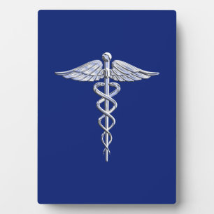 Silver Chrome Caduceus Medical Symbool op Navy Blu Fotoplaat