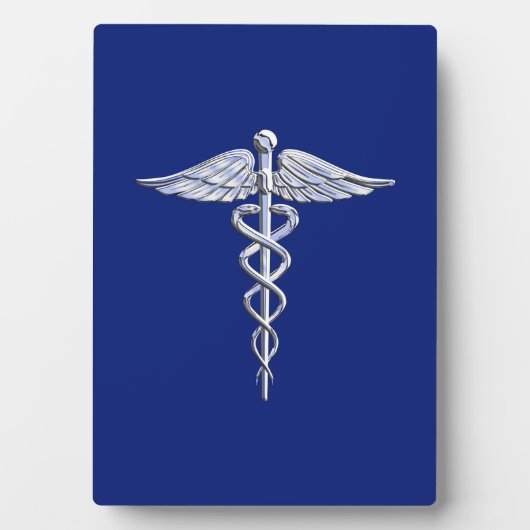 Silver Chrome Caduceus Medical Symbool op Navy Blu Fotoplaat (voorkant)