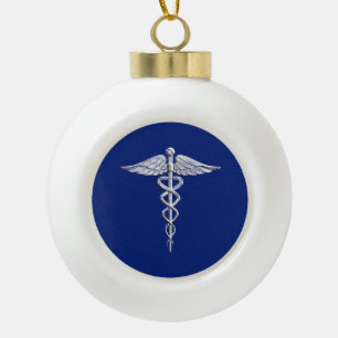 Silver Chrome Caduceus Medical Symbool op Navy Blu Keramische Bal Ornament