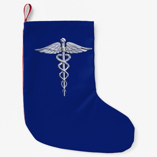 Silver Chrome Caduceus Medical Symbool op Navy Blu Kleine Kerstsok (Voorkant)