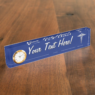 Silver Chrome Caduceus Medical Symbool op Navy Blu Naambordje