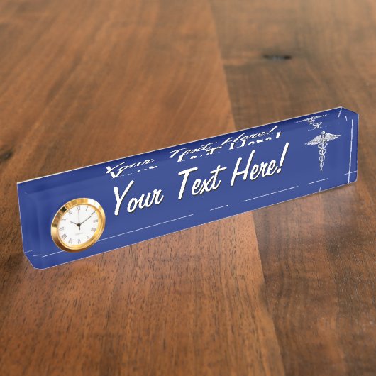 Silver Chrome Caduceus Medical Symbool op Navy Blu Naambordje (Zijkant)