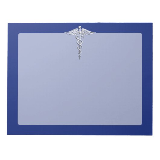 Silver Chrome Caduceus Medical Symbool op Navy Blu Notitieblok (Voorkant)