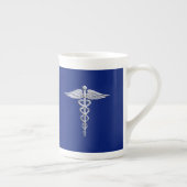 Silver Chrome Caduceus Medical Symbool op Navy Blu Porselein Kop (Rechts)