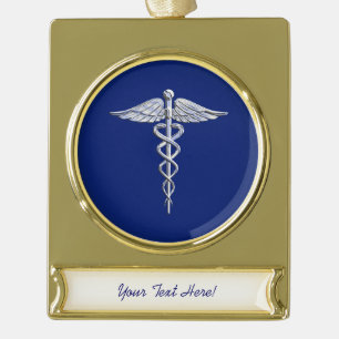 Silver Chrome Caduceus Medical Symbool op Navy Blu Verguld Banner Ornament