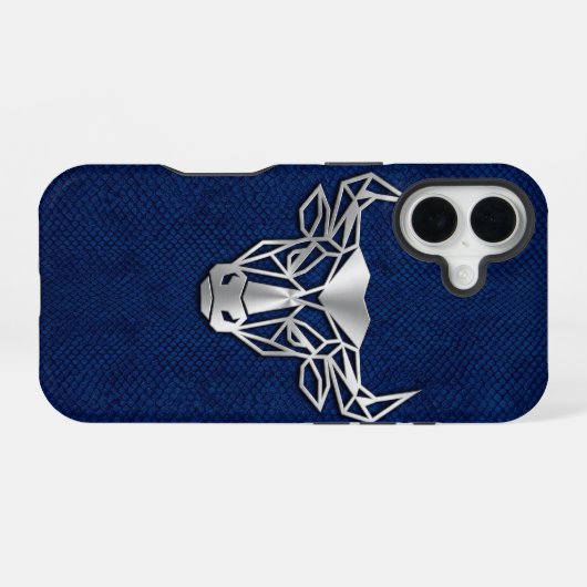 Silver Chrome Geometric Bull Blue Python iPhone 16 Hoesje (Achterkant horizontaal)