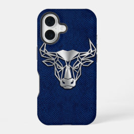 Silver Chrome Geometric Bull Blue Python iPhone 16 Hoesje