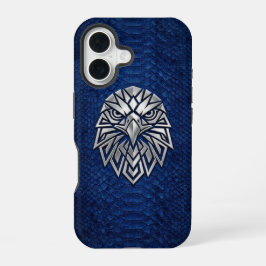 Silver Chrome Geometric Eagle Blue Python iPhone 16 Hoesje