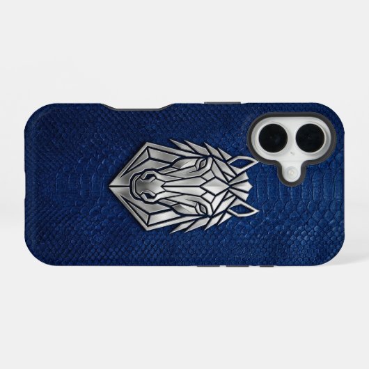Silver Chrome Geometric Horse Blue Python iPhone 16 Hoesje (Achterkant horizontaal)