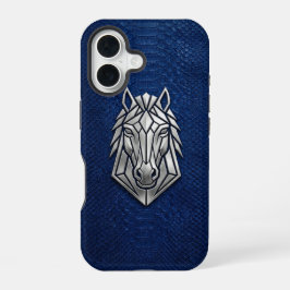 Silver Chrome Geometric Horse Blue Python iPhone 16 Hoesje