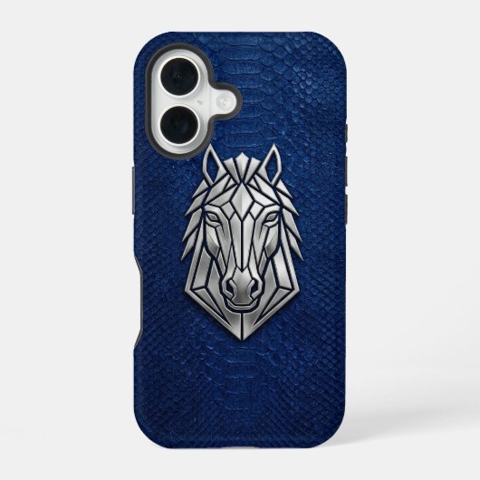 Silver Chrome Geometric Horse Blue Python iPhone 16 Hoesje (Achterkant)