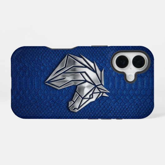 Silver Chrome Geometric Horse Blue Python iPhone 16 Hoesje (Achterkant horizontaal)
