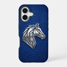 Silver Chrome Geometric Horse Blue Python iPhone 16 Hoesje
