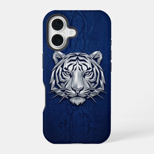 Silver Chrome Geometric Tiger Blue Python iPhone  16 Hoesje (Achterkant)