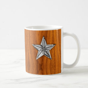 Silver Chrome like Nautical Star op Teak Veneer Koffiemok