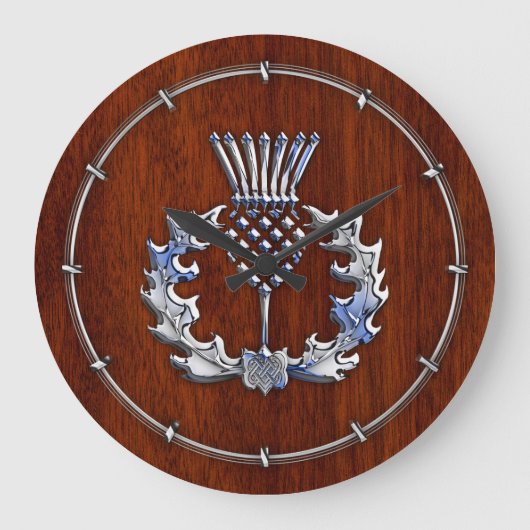 Silver Chrome over Mahogany Wood Scottish Thistle Grote Klok (Voorkant)