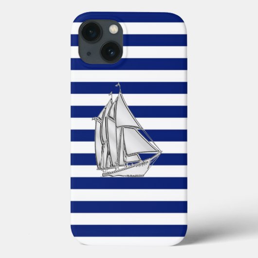 Silver Chrome Style Sailboot op Nautical Stripes Case-Mate iPhone Case (Achterkant)