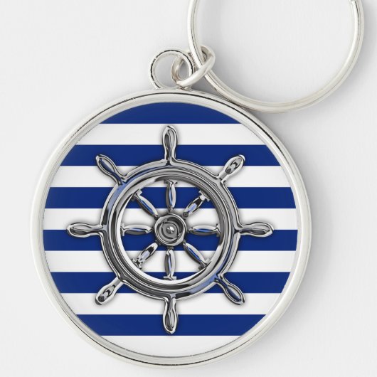 Silver Chrome Wheel op Nautical Stripes Sleutelhanger (Voorkant)