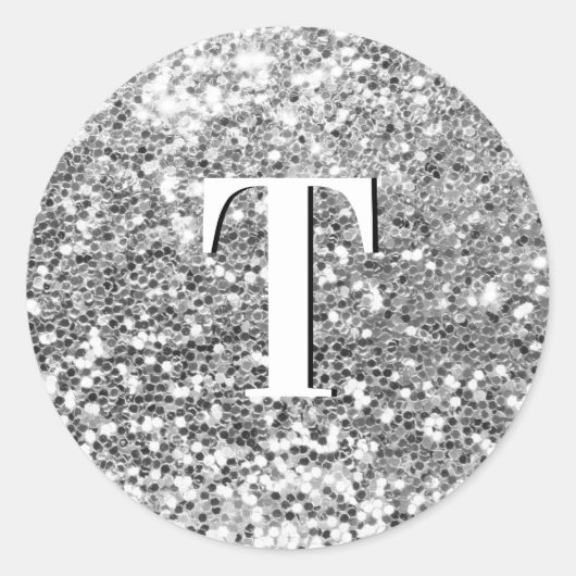 Silver Chunky Glitter Monogrammed Ronde Sticker (Voorkant)