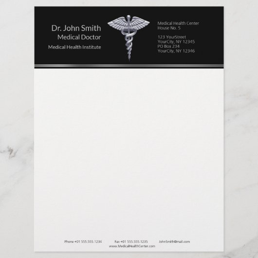 Silver Classy Medical Caduceus op zwart Briefhoofd (Voorkant)