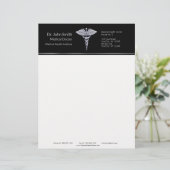 Silver Classy Medical Caduceus op zwart Briefhoofd (Staand voorkant)