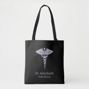 Silver Classy Medical Caduceus op zwart Tote Bag