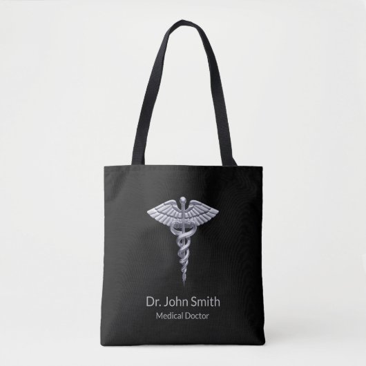 Silver Classy Medical Caduceus op zwart Tote Bag (Voorkant)