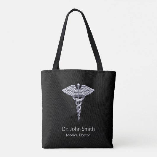 Silver Classy Medical Caduceus op zwart Tote Bag (Achterkant)