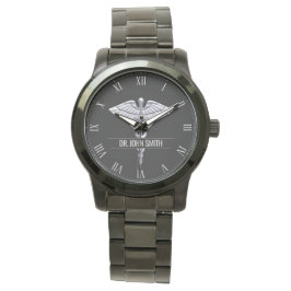 Silver Classy Medical Caduceus op zwarte naam Horloge