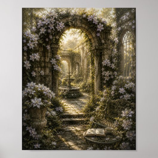Silver Clematis Ruins Vintage Botanical Poster (Voorkant)