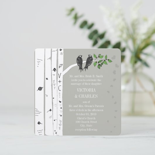 Silver Cloud Birch  Birds Wedding Invite Kaart (Staand voorkant)